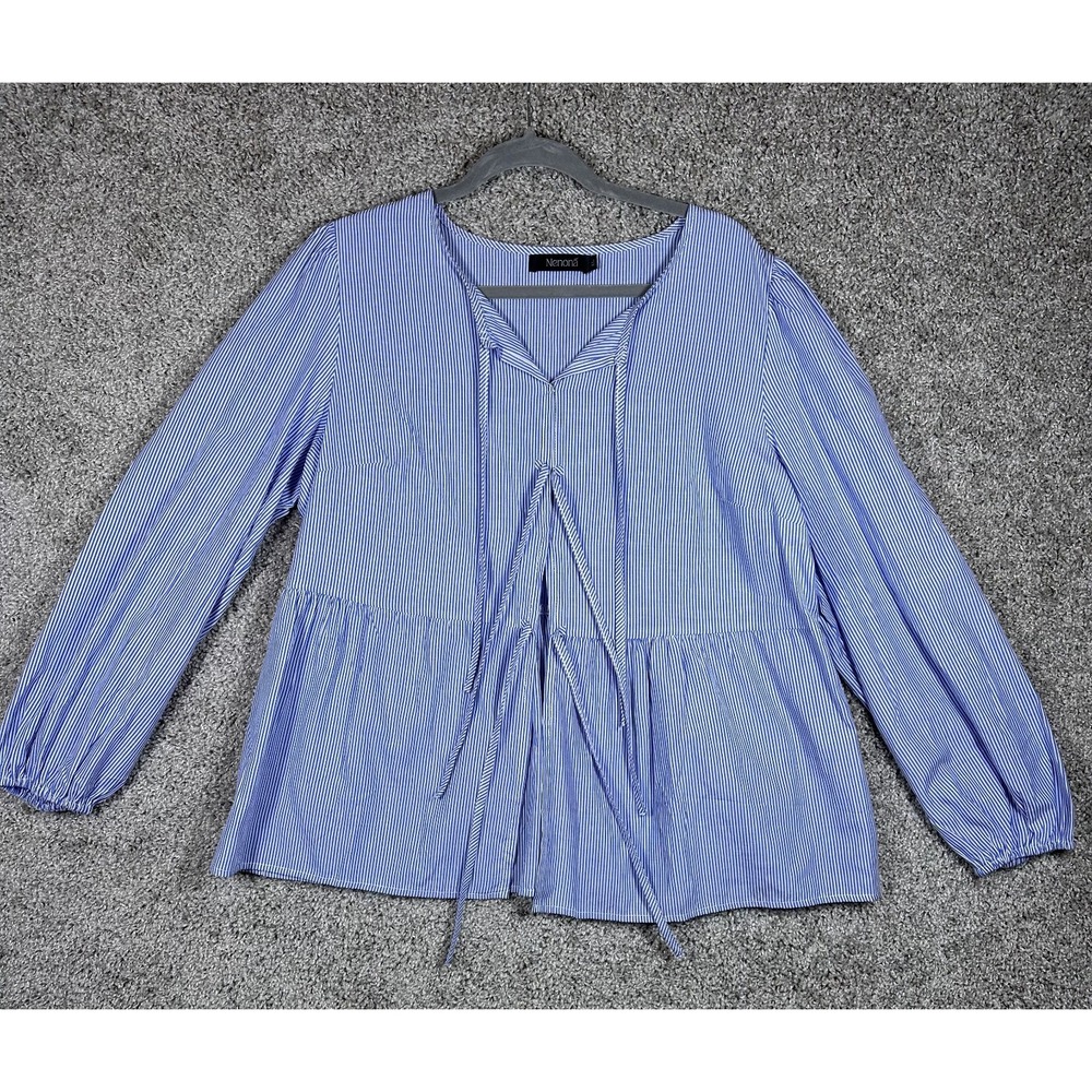 Nenona Babydoll Blouse Size XL Blue White Bow Tie‎ Front Stripe Peplum Nautical